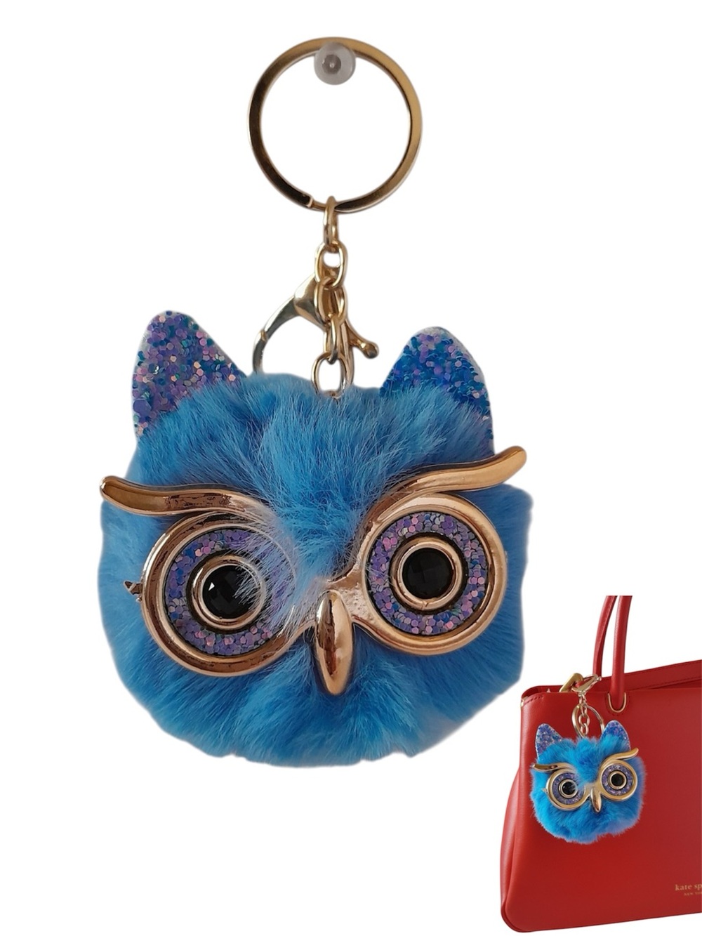 Blue Fuzzy Owl Keychain Bag Charm with Gold Hardware